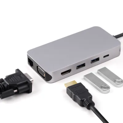 UC0201 USB-C-Hub mit 10 Anschlüssen   Dual Display HDMI + VGA