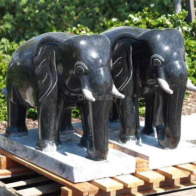 Par de estatua de elefante de piedra de granito negro para jardín