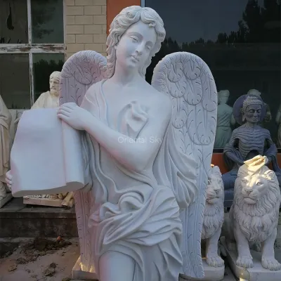 Ange femelle en pierre de marbre blanc avec statue de la Bible pour l'église