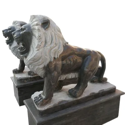 Sculpture en pierre de jardin de statue de paire de lion de marbre noir grandeur nature