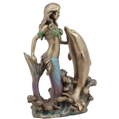 Бронзовая статуя русалки и дельфина в натуральную величину, металлическая садовая скульптура