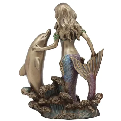 Sculpture de jardin en métal de statue de sirène et de dauphin en bronze grandeur nature