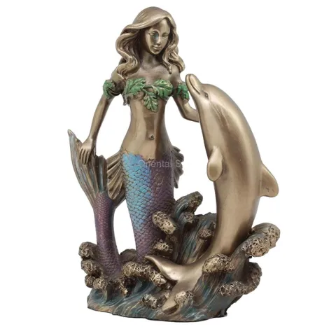 Бронзовая статуя русалки и дельфина в натуральную величину, металлическая садовая скульптура