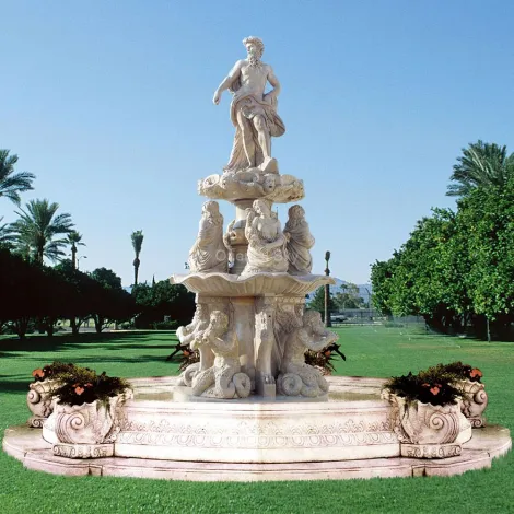 Grande fontana italiana in pietra di marmo con statue di uomo e donna