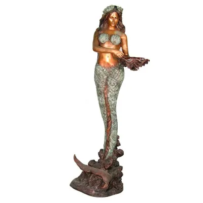 Sirena in piedi in bronzo a grandezza naturale che trasporta fontana statua conchiglia