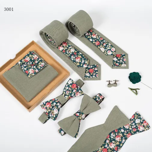 Custom Mens Floral Necktie Bowtie Pocket Square Sets Wedding Tie Gift Box Mens Ties Sets