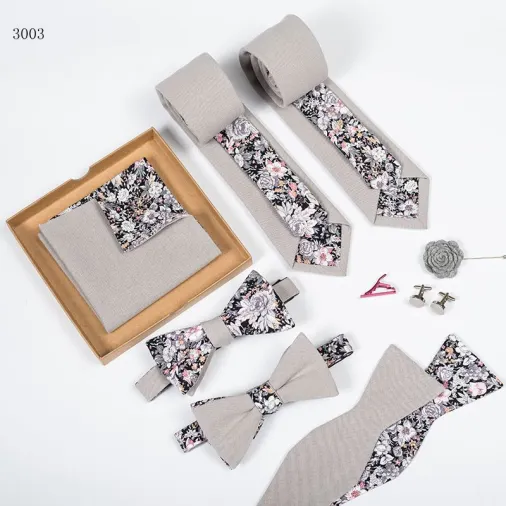 Custom Mens Floral Necktie Bowtie Pocket Square Sets Wedding Tie Gift Box Mens Ties Sets