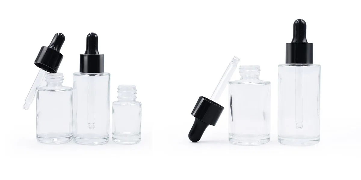 High Quality Clear Glass Bottles with Dropper Cap Flat Shoulder Bottles