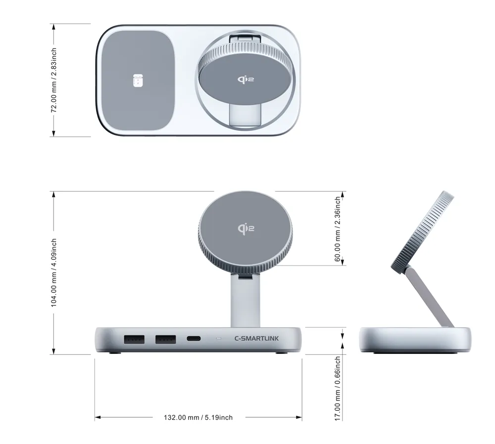 PU0901 3-in-1 iPhone Stand & Hub & Qi2 Wireless Charging