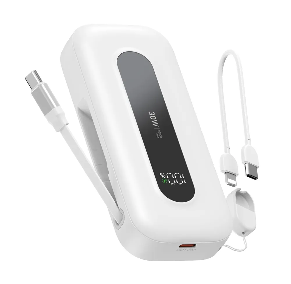 PB0901 10000mAh Power Bank with Retractable Cable+C to Lightning/C Lanyard