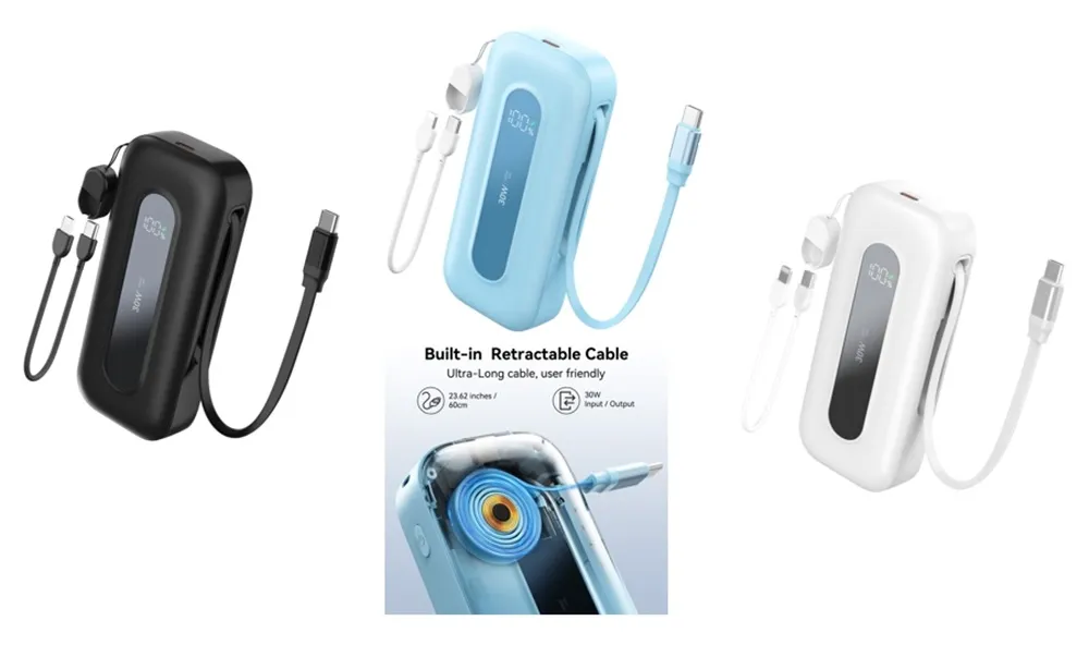 PB0901 10000mAh Power Bank with Retractable Cable+C to Lightning/C Lanyard