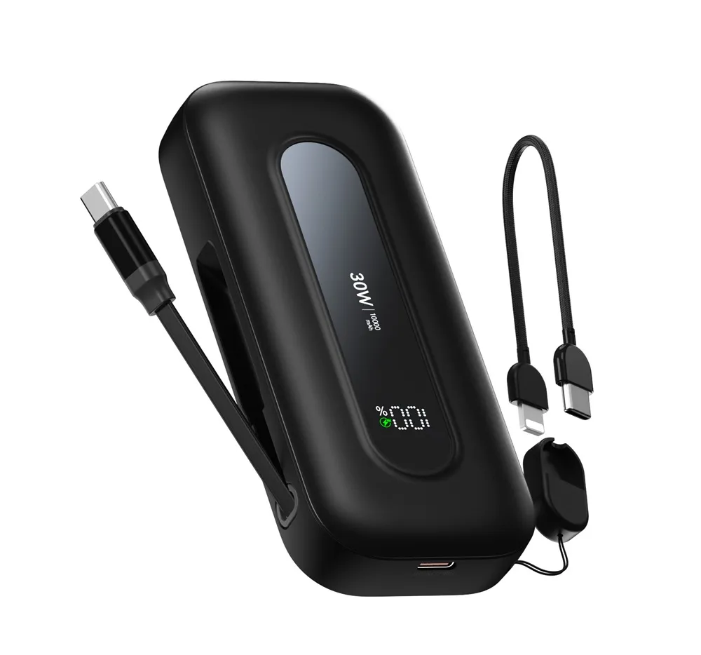 PB0901 10000mAh Power Bank with Retractable Cable+C to Lightning/C Lanyard