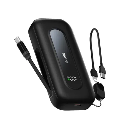 PB0901 10000mAh Power Bank with Retractable Cable+C to Lightning/C Lanyard