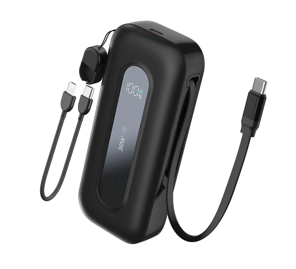 PB0901 10000mAh Power Bank with Retractable Cable+C to Lightning/C Lanyard