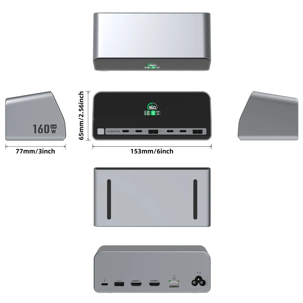 PU1002A MST HUB &160W Power Docking Station with Digital Display Screen