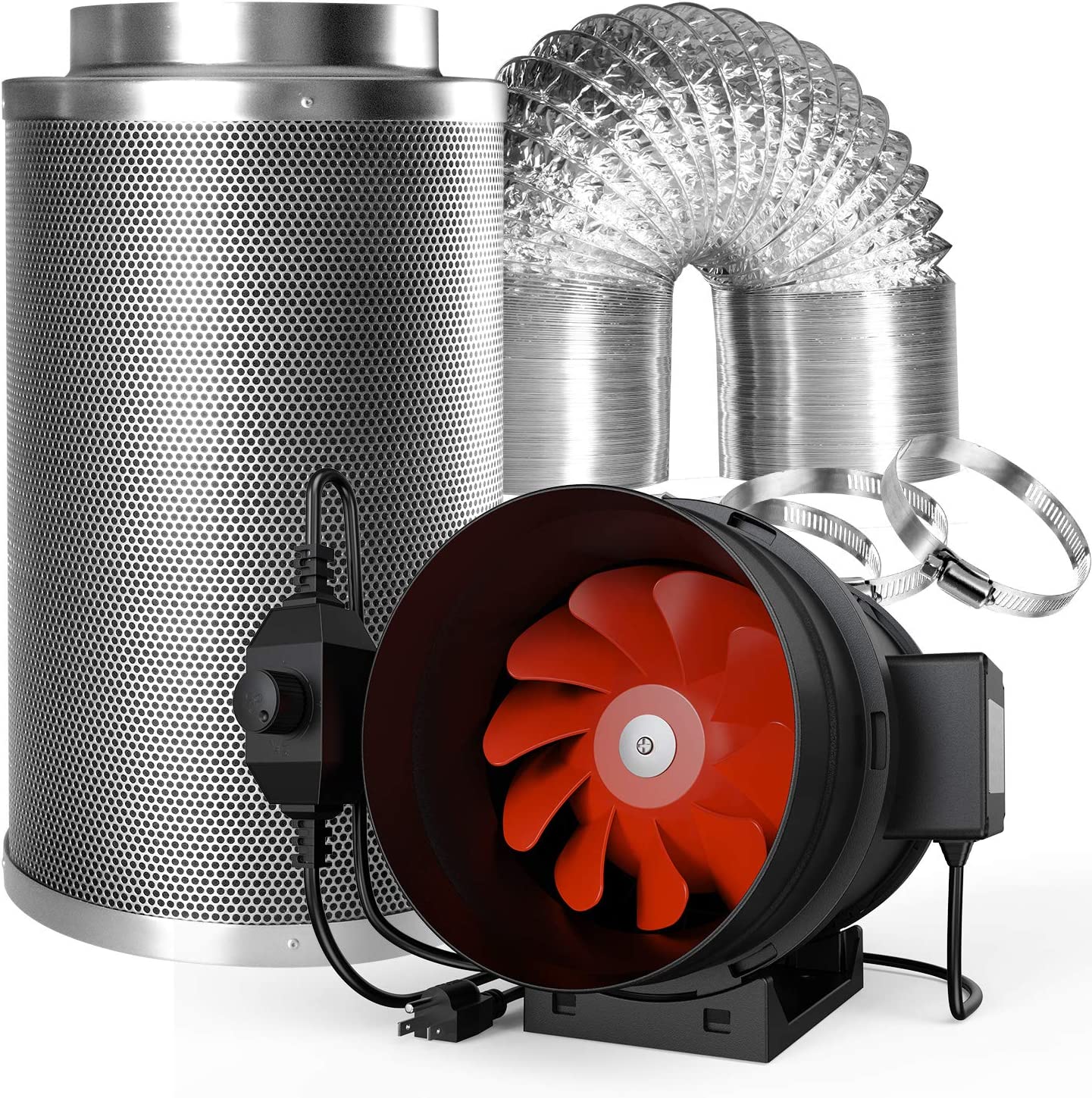 8 Inch Inline Fan Carbon Filter Ducting Kit, 800 CFM Exhaust Fan with Speed Controller Hydroponics Grow Tent Ventilation Kit for Heating Cooling Booster, Grow Tents, Hydroponics