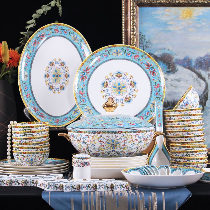 Ceramic Blue Color Design Bone China Dinner Set Tableware Round Dinnerware Plate Sets