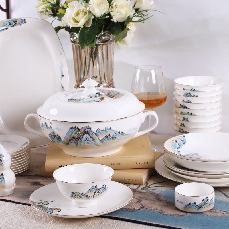 Ceramic Blue And Green Color Design Bone China Dinner Set Tableware Round Dinnerware Plate Sets