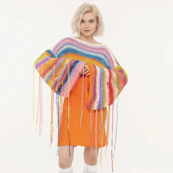 Mimikawa Colorful Fringe Long Sleeve Cropped Sweater