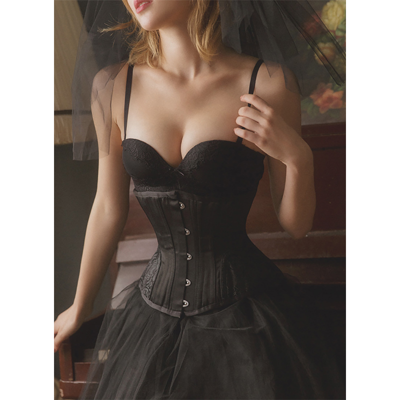 Black Satin Underbust Corset With Brocade Hip Panel