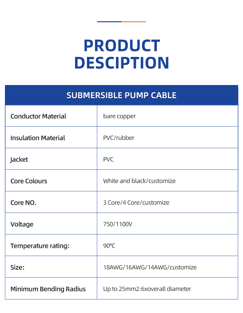 PVC/ rubber Three Core Flat Submersible Pump Cable