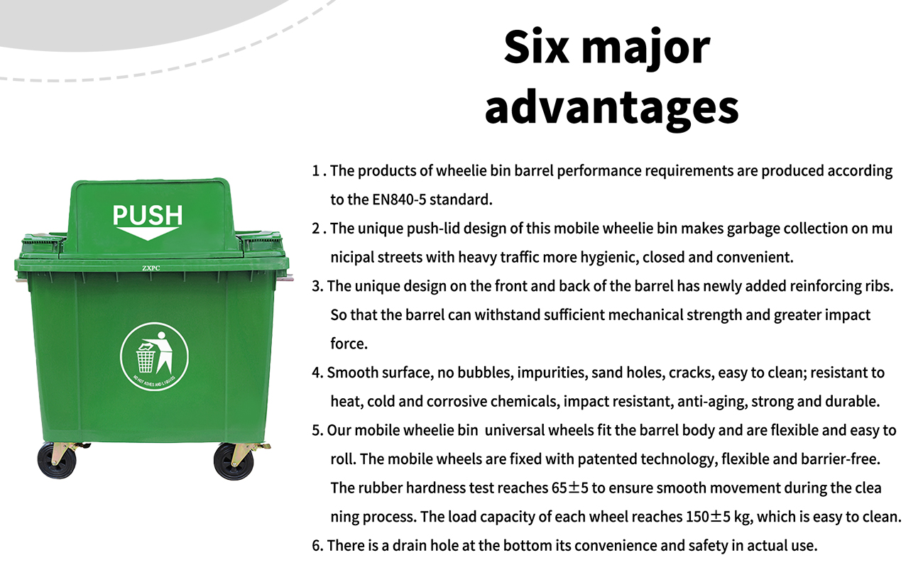 HDPE Mobile wheelie Bin ZXL- 660D Push Lid EN840