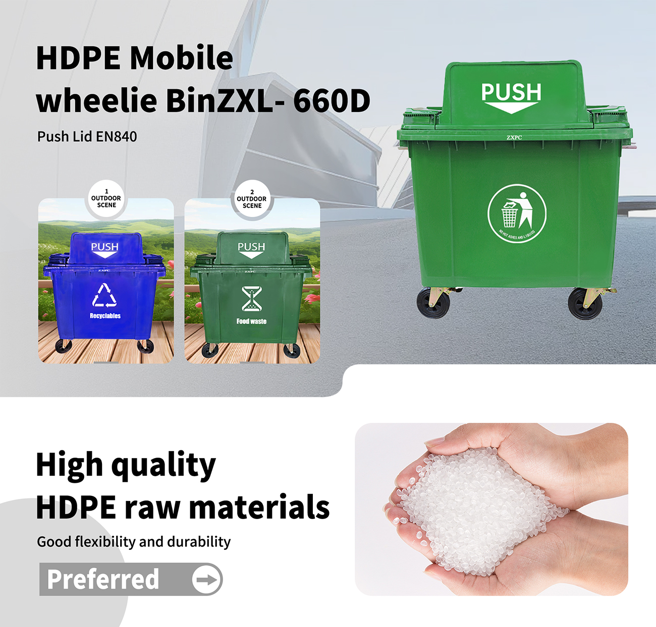 HDPE Mobile wheelie Bin ZXL- 660D Push Lid EN840