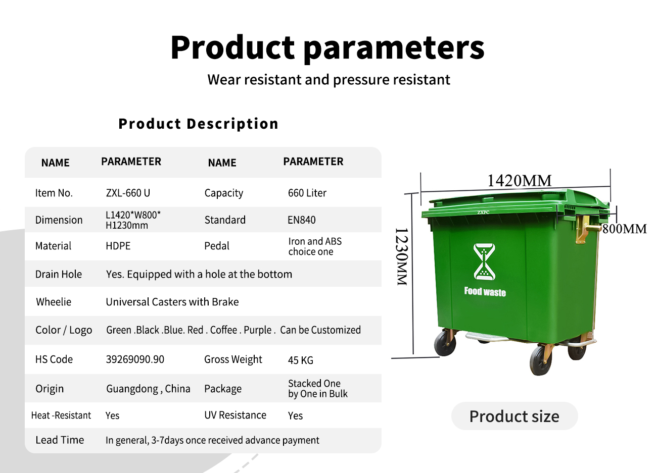 HDPE Pedal Mobile wheelie Bin ZXL- 660U Liter EN840 with Drain Hole