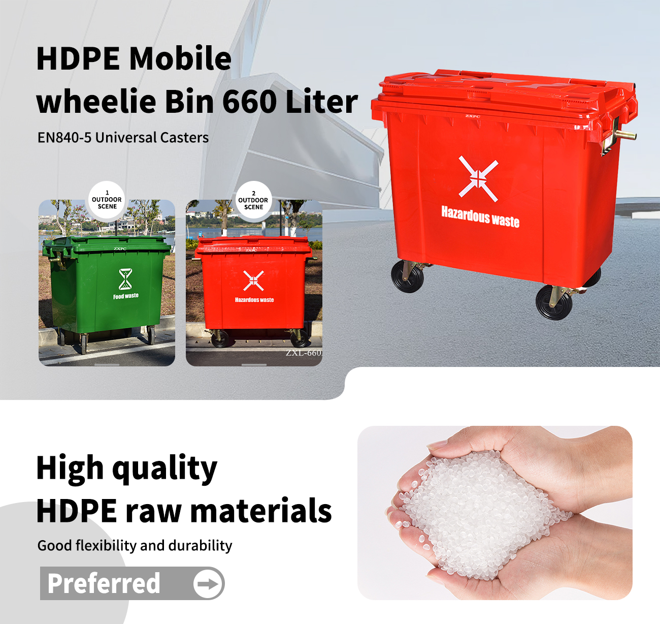HDPE Mobile wheelie Bin 660 Liter EN840-5 Universal Casters