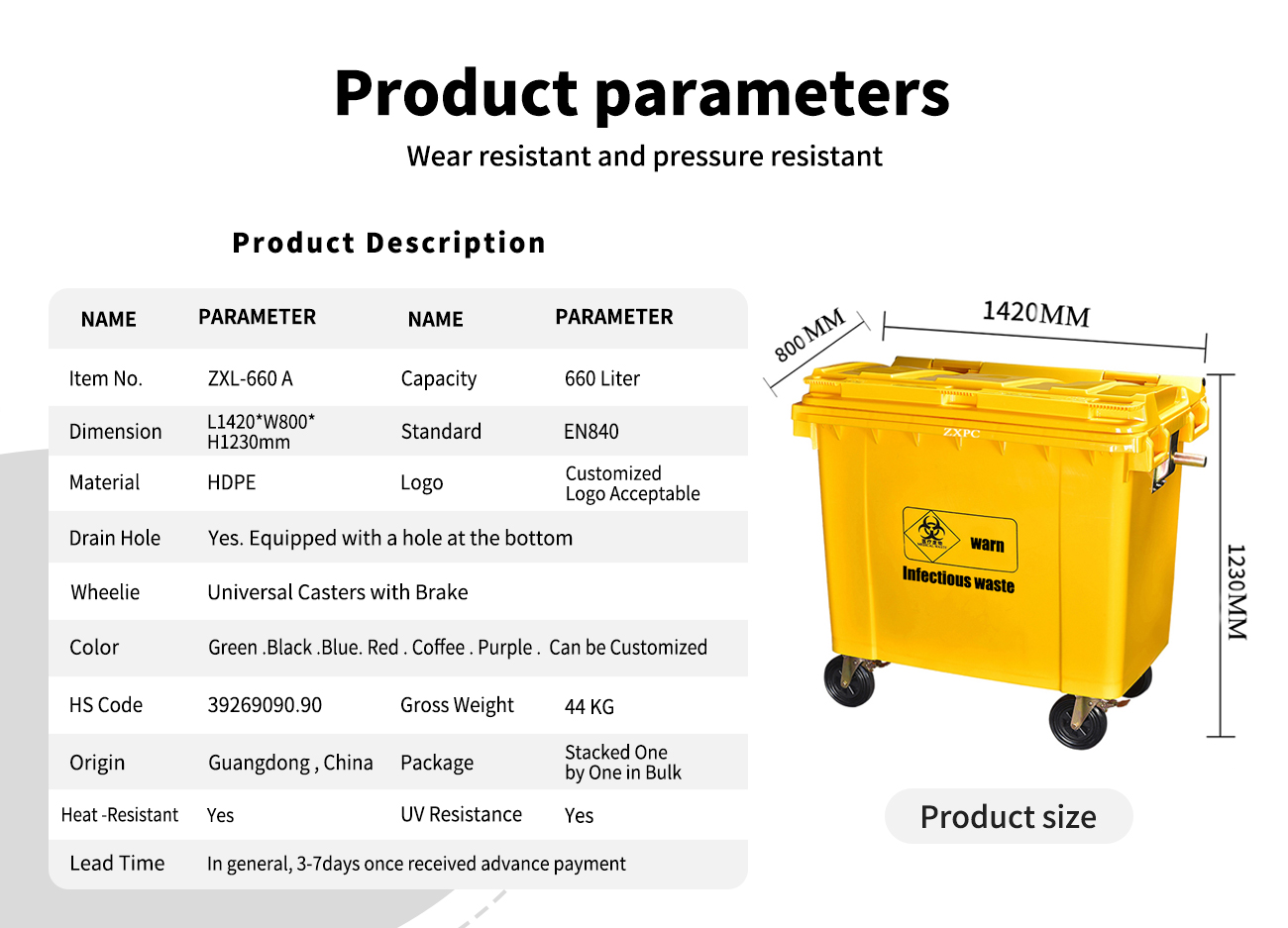 HDPE Mobile wheelie Bin 660 Liter EN840-5 Universal Casters