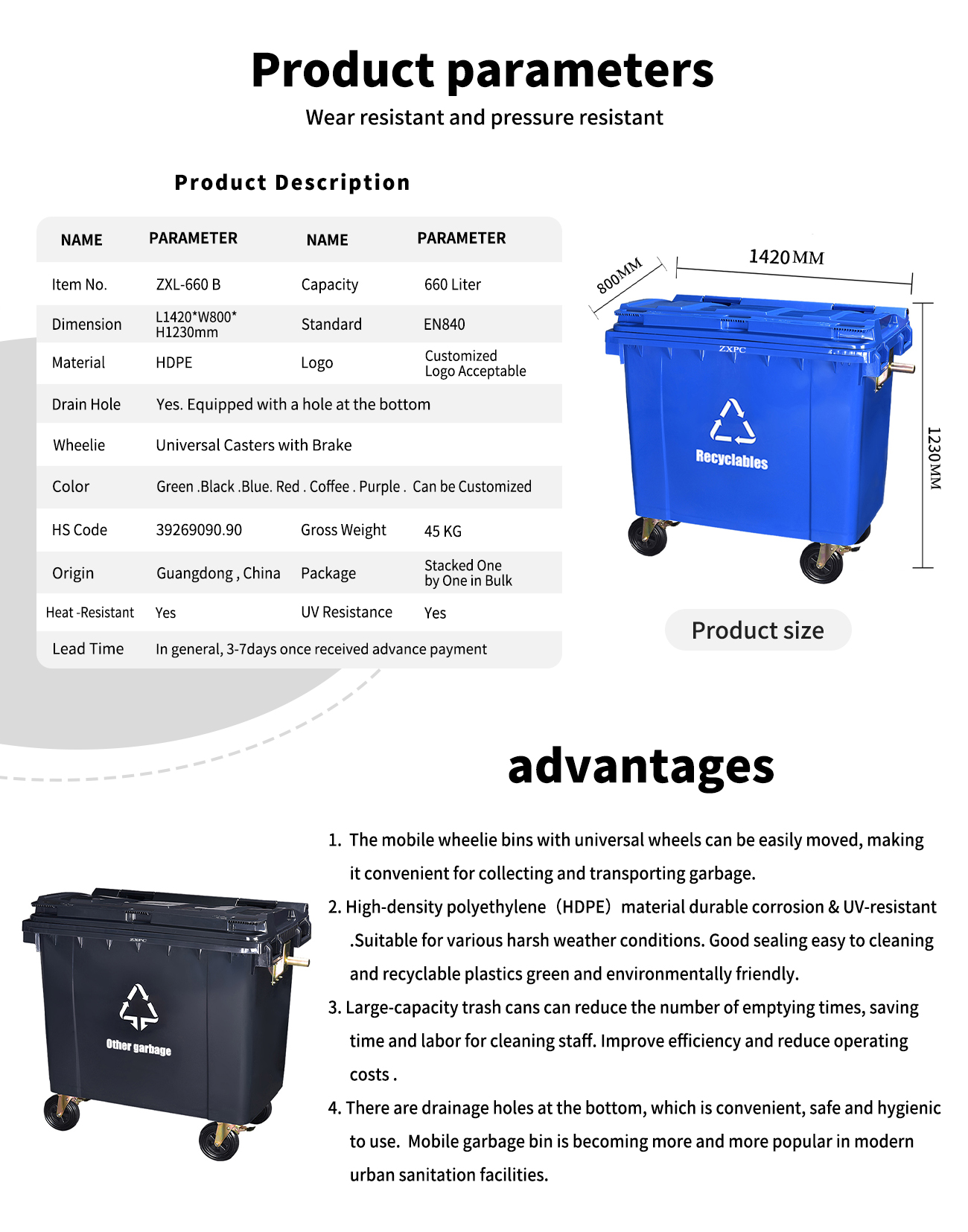 Mobile wheelie Bin ZXL-660B EN840 HDPE