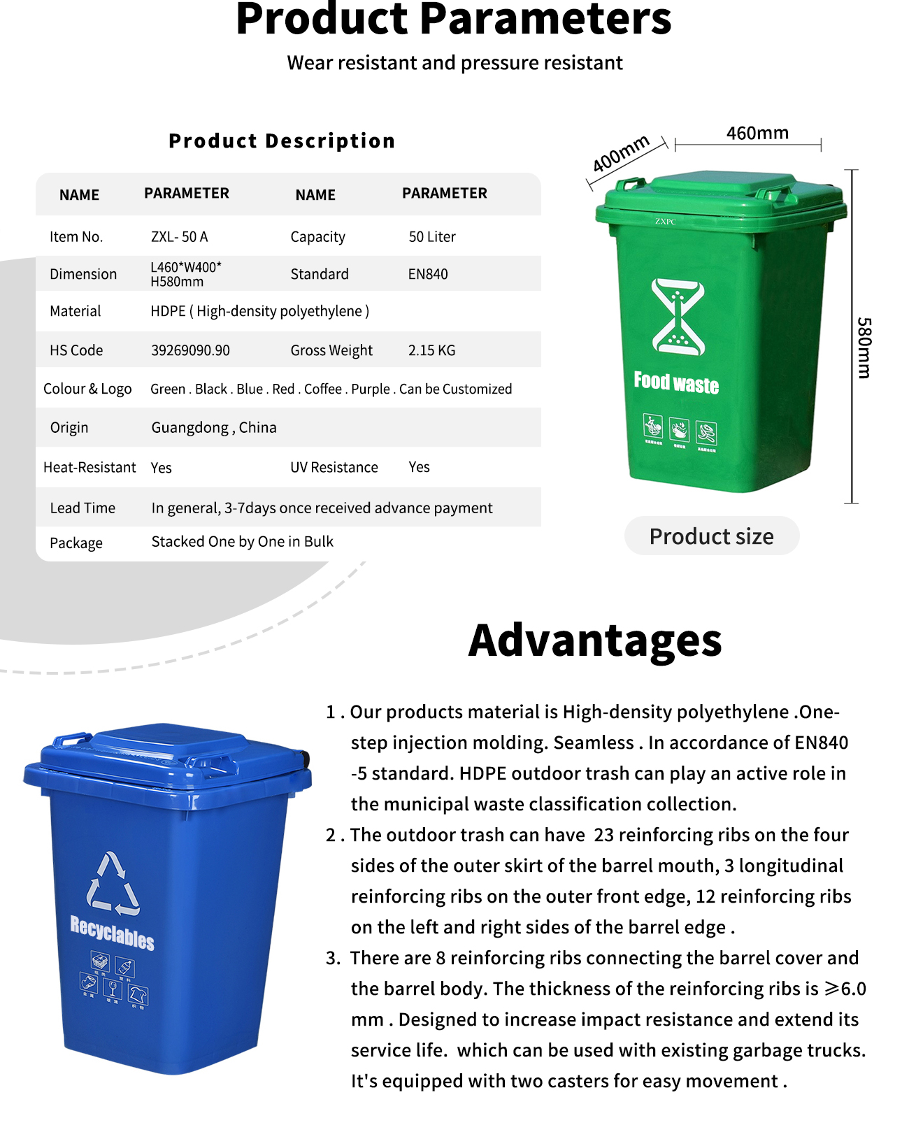 Outdoor Classified Dust Bin  Material HDPE ZXL-50