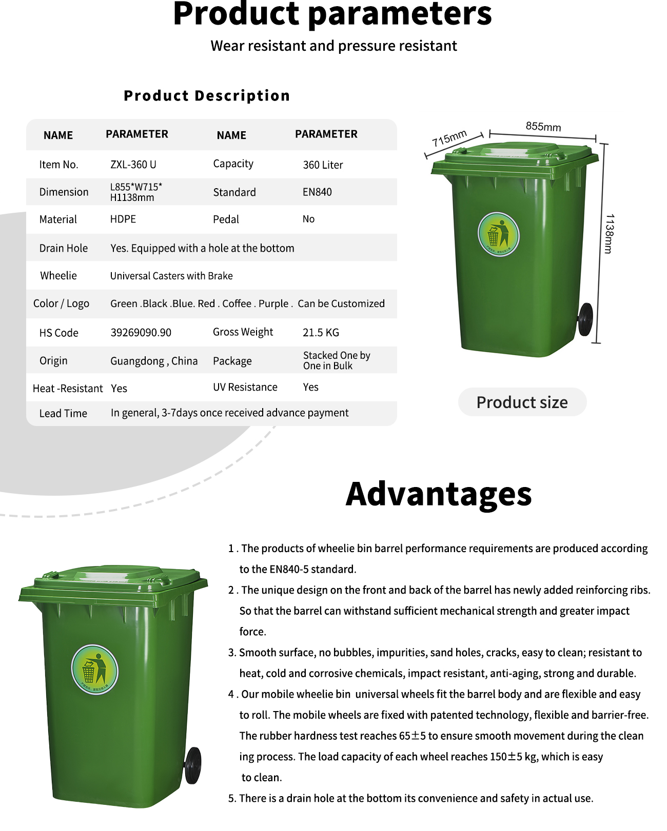 Mobile wheelie Bin ZXL 360L with Drain Hole