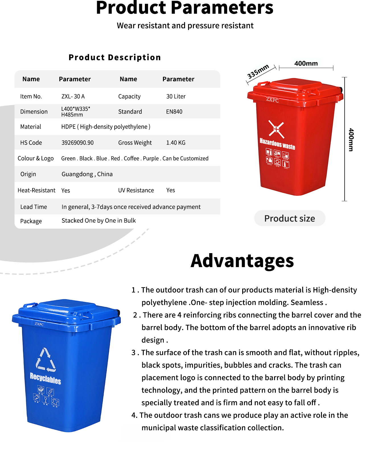 Outdoor Classified Dust Bin Material HDPE ZXL-30A