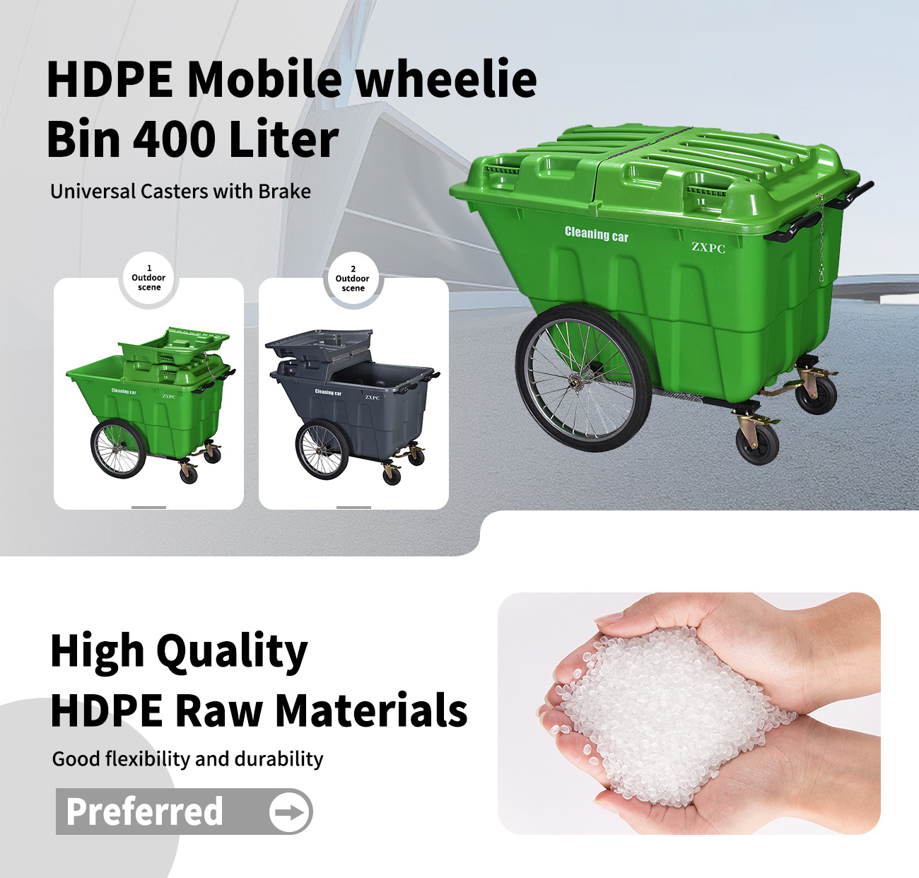 HDPE Mobile wheelie Bin 400 Liter  Universal Casters with Brake