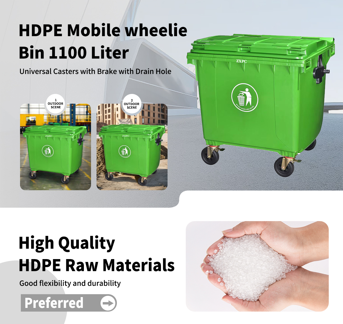 HDPE Mobile wheelie Bin 1100 Liter Universal Casters with Brake with Drain Hole