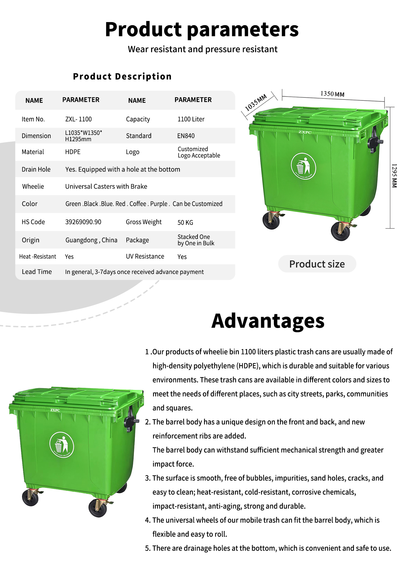 HDPE Mobile wheelie Bin 1100 Liter Universal Casters with Brake with Drain Hole