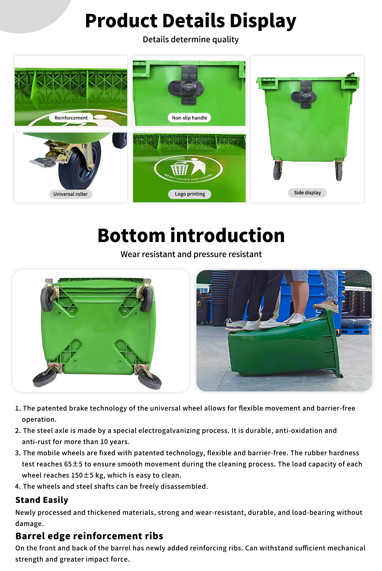 HDPE Mobile wheelie Bin 1100 Liter Universal Casters with Brake with Drain Hole