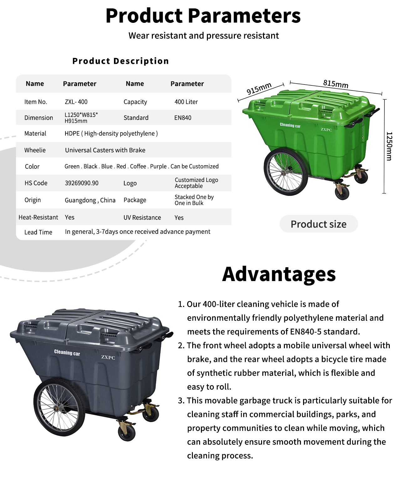 HDPE Mobile wheelie Bin 400 Liter  Universal Casters with Brake