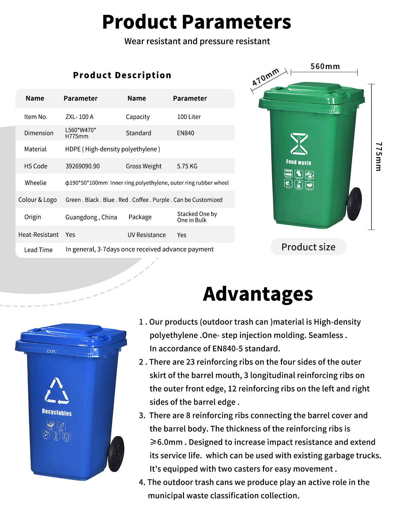 Outdoor Classified Trash Can 100 Liter Material HDPE EN840-5 Standard