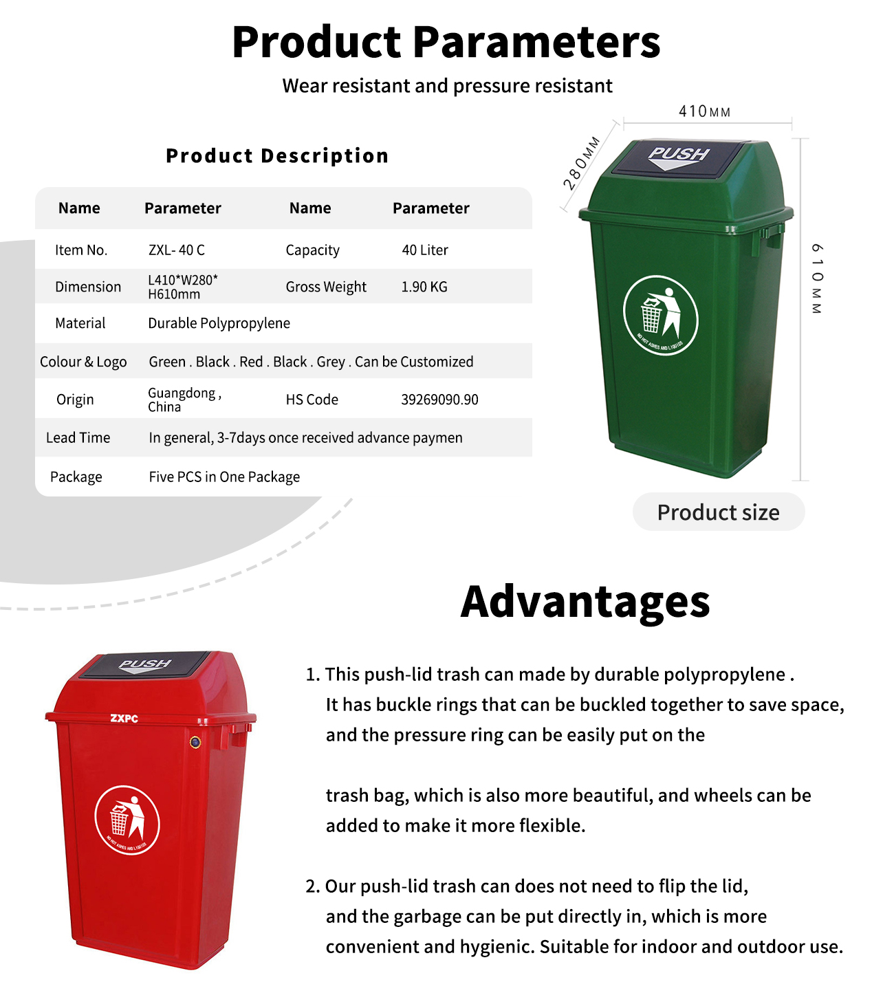 Push-Lid Trash Can  40 Liter Outdoor and Indoor Use