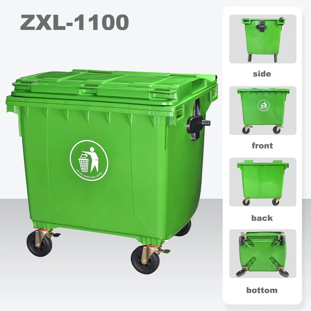 HDPE Mobile wheelie Bin 1100 Liter Universal Casters with Brake with Drain Hole