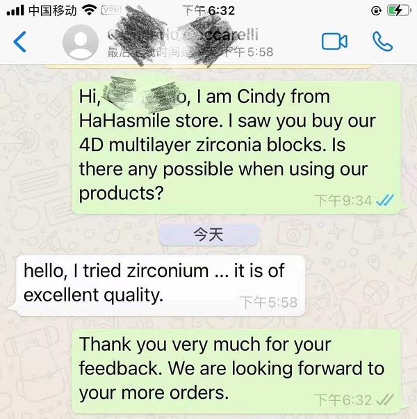 Positive Comments from Customers of Zirconia Blocks and Wax Blocks