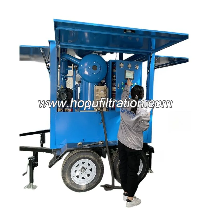 Usine mobile de filtration d'huile de transformateur montée sur remorque à double essieu Usine mobile de filtration d'huile de transformateur montée sur remorque à double essieu