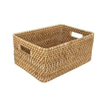 Natural Rectangular Rattan Basket with Built-in Handles