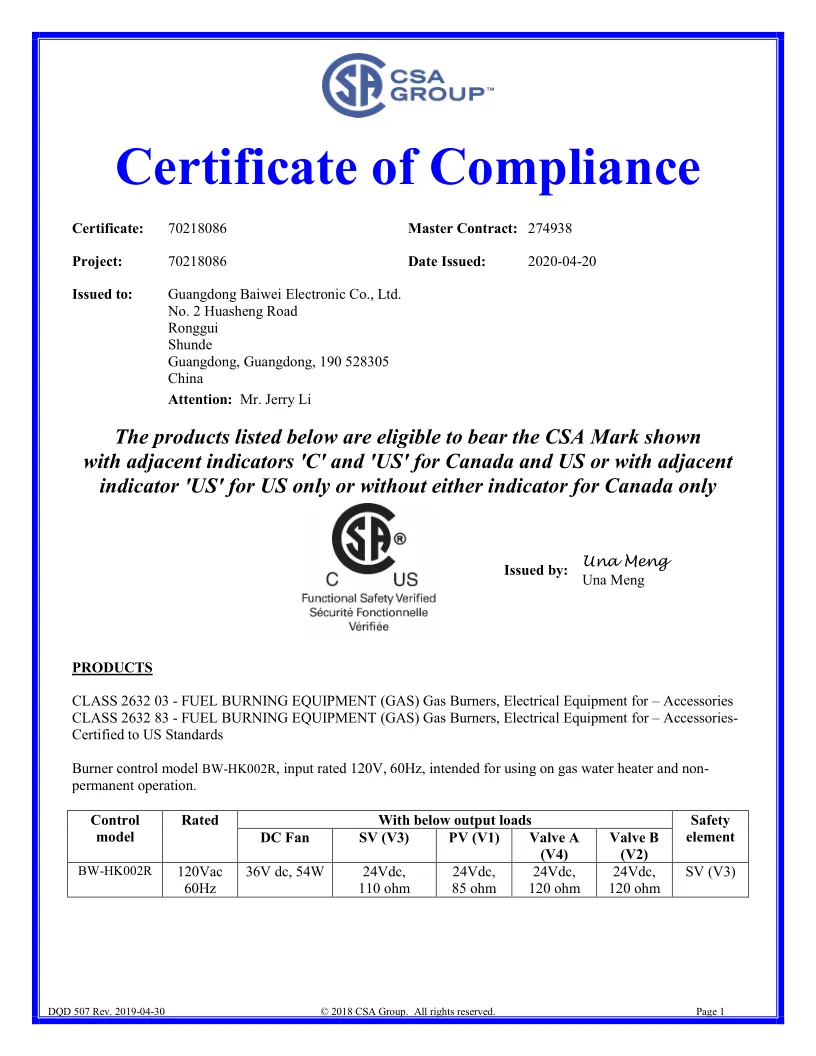 CSA approval Constant Temperature Water Heater Controller BW-HK002R.png