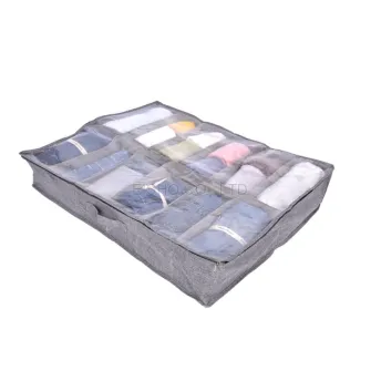 Polyester Fabric Underbed Shoe Organizer Bags For Bedroom Storage, Clothes, Gray.