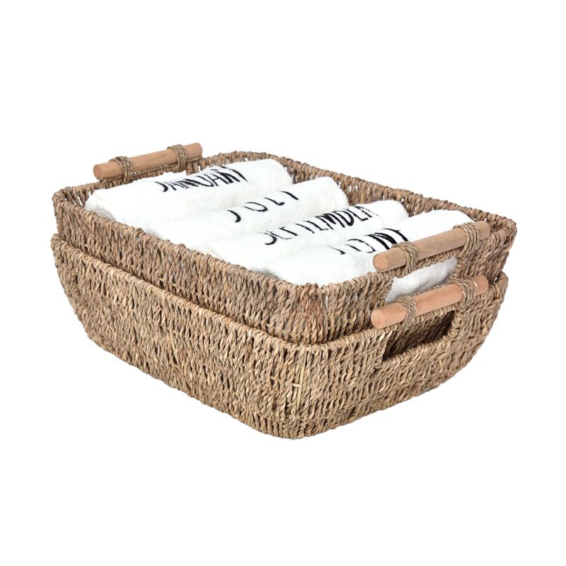 Hand-Woven Wicker Baskets, Seagrass Decorative Baskets With Wooden Handles.