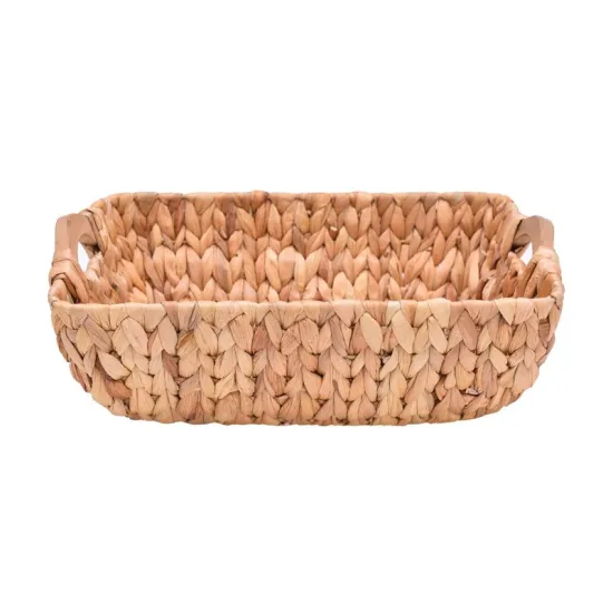 Water Hyacinth Wicker Storage Baskets, Rectangular Hand-Woven Basket With Wooden Handles.