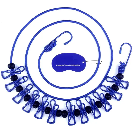 Portable Travel Elastic Travel Camping Retractable Clothesline with 12Pcs Clips for use(Blue))